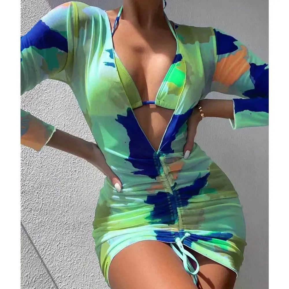 2022 NEW SWIMSUIT-Women's Tie Dye 3 Pack Swimsuit Cheeky Halter Bikini Set with Beach Cover Ups