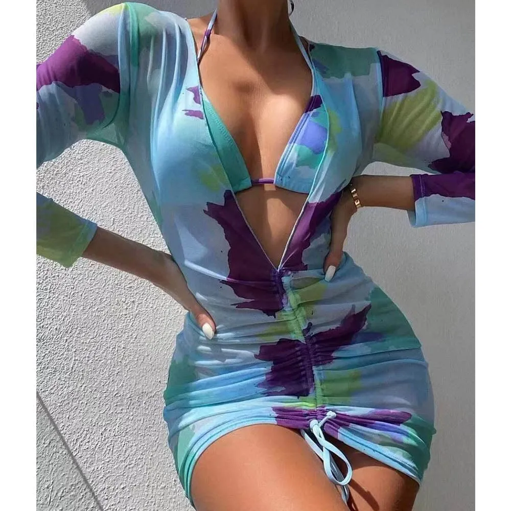2022 NEW SWIMSUIT-Women's Tie Dye 3 Pack Swimsuit Cheeky Halter Bikini Set with Beach Cover Ups