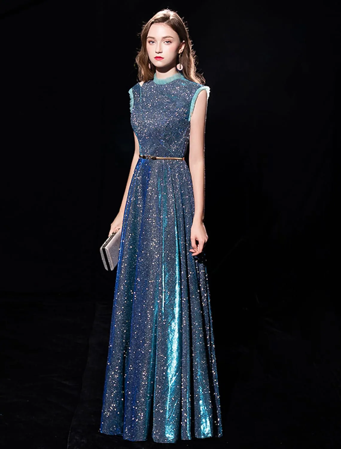 A-Line Elegant Sparkle & Shine Formal Evening Dress High Neck Sleeveless Floor Length Tulle with Sash / Ribbon
