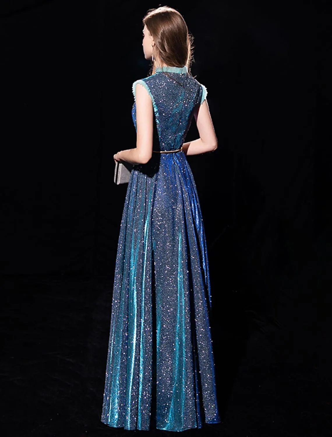 A-Line Elegant Sparkle & Shine Formal Evening Dress High Neck Sleeveless Floor Length Tulle with Sash / Ribbon