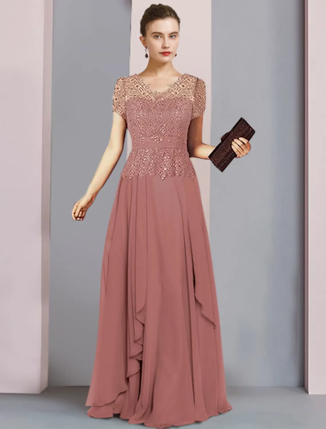 A-Line Mother of the Bride Dress Formal Party Sparkle Shine Elegant V Neck Floor Length Chiffon Sequined Short Sleeve with Pleats Sequin