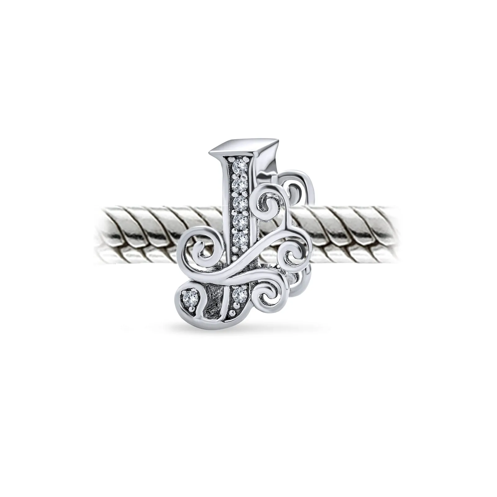 Alphabet Initial Fancy CZ Block Letter Bead Charm .925Sterling Silver