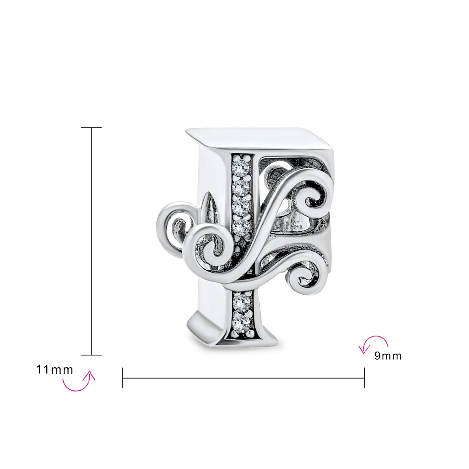 Alphabet Initial Fancy CZ Block Letter Bead Charm .925Sterling Silver