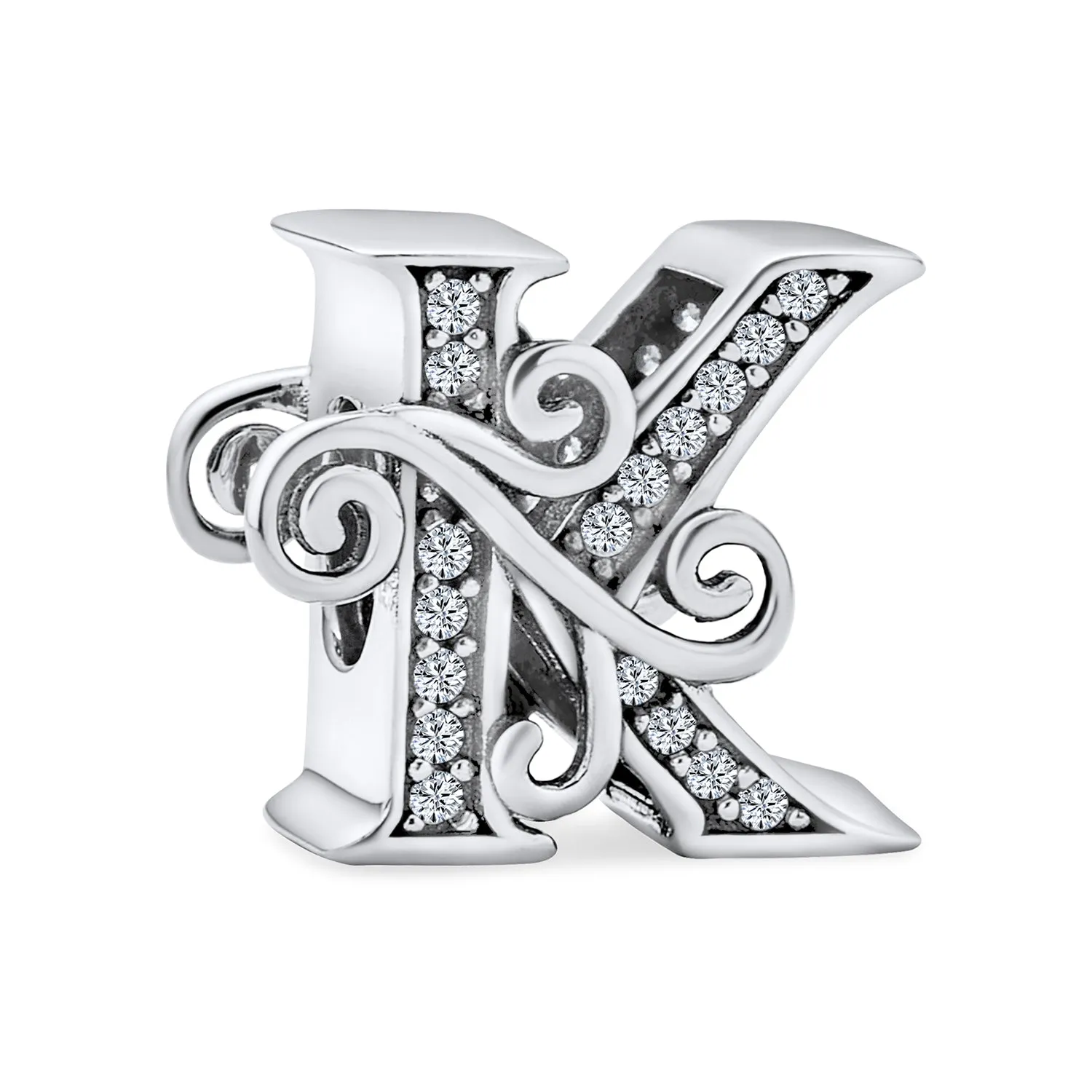 Alphabet Initial Fancy CZ Block Letter Bead Charm .925Sterling Silver