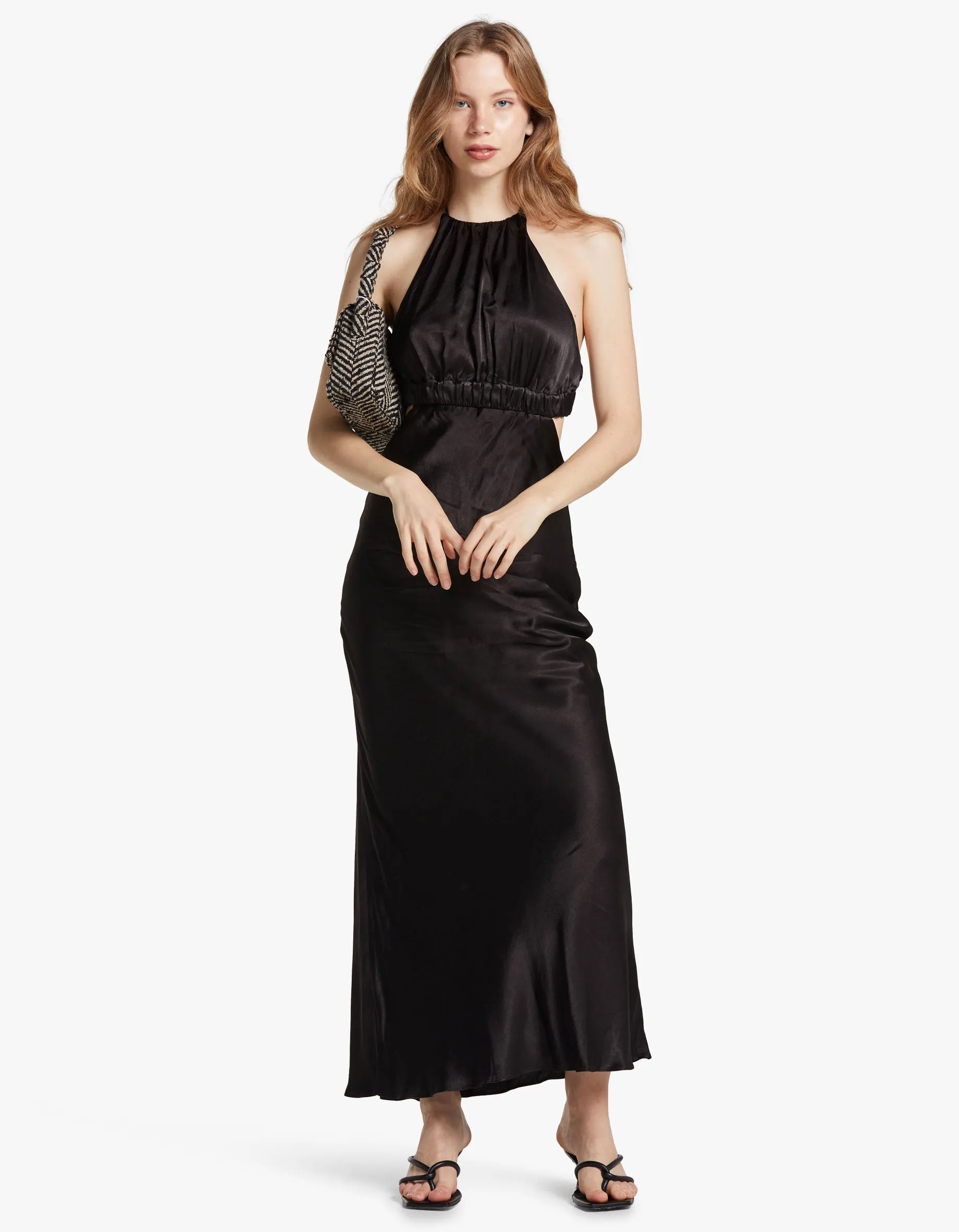 Angelica Ruched Open Back Halter Midi Dress - Black