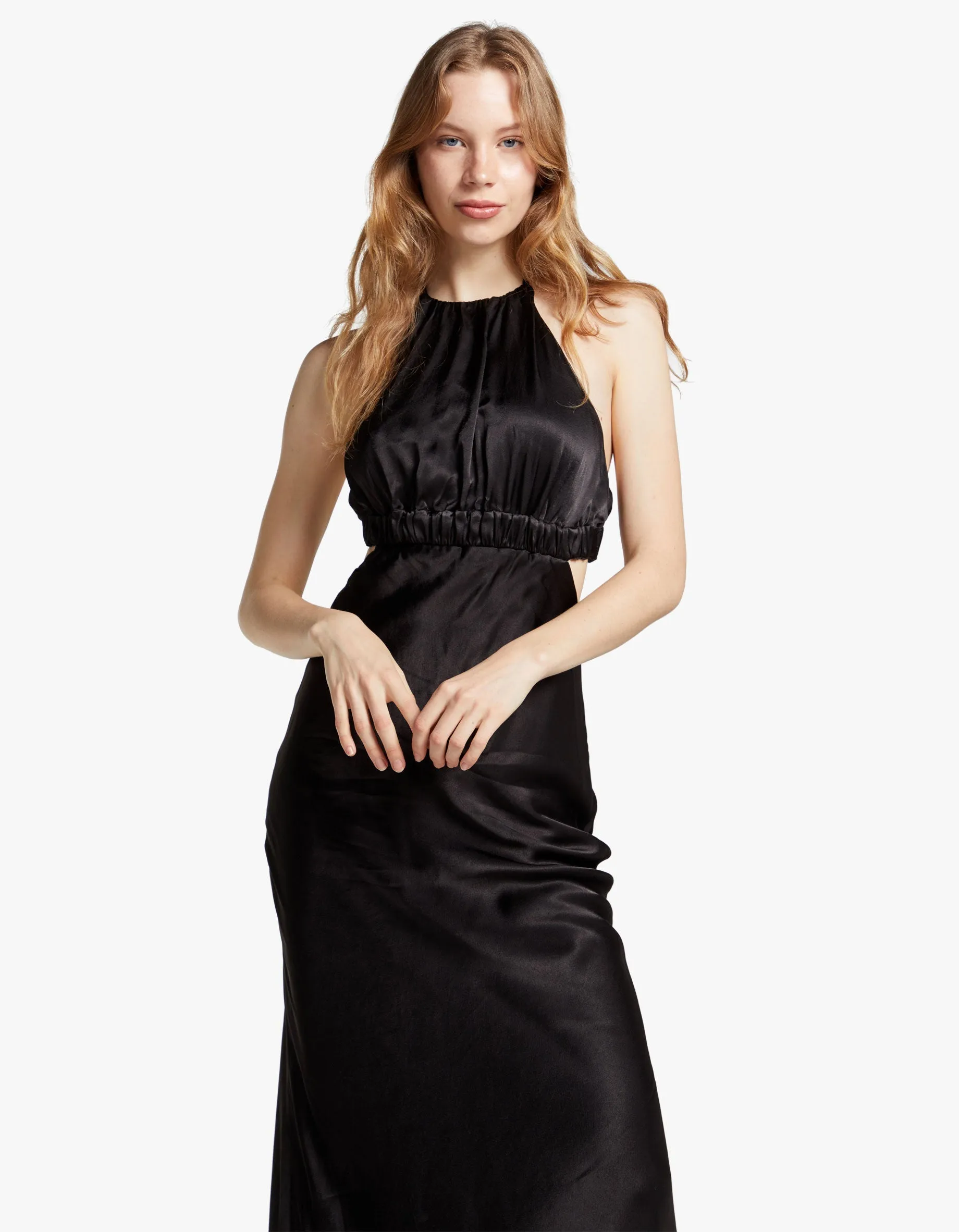Angelica Ruched Open Back Halter Midi Dress - Black
