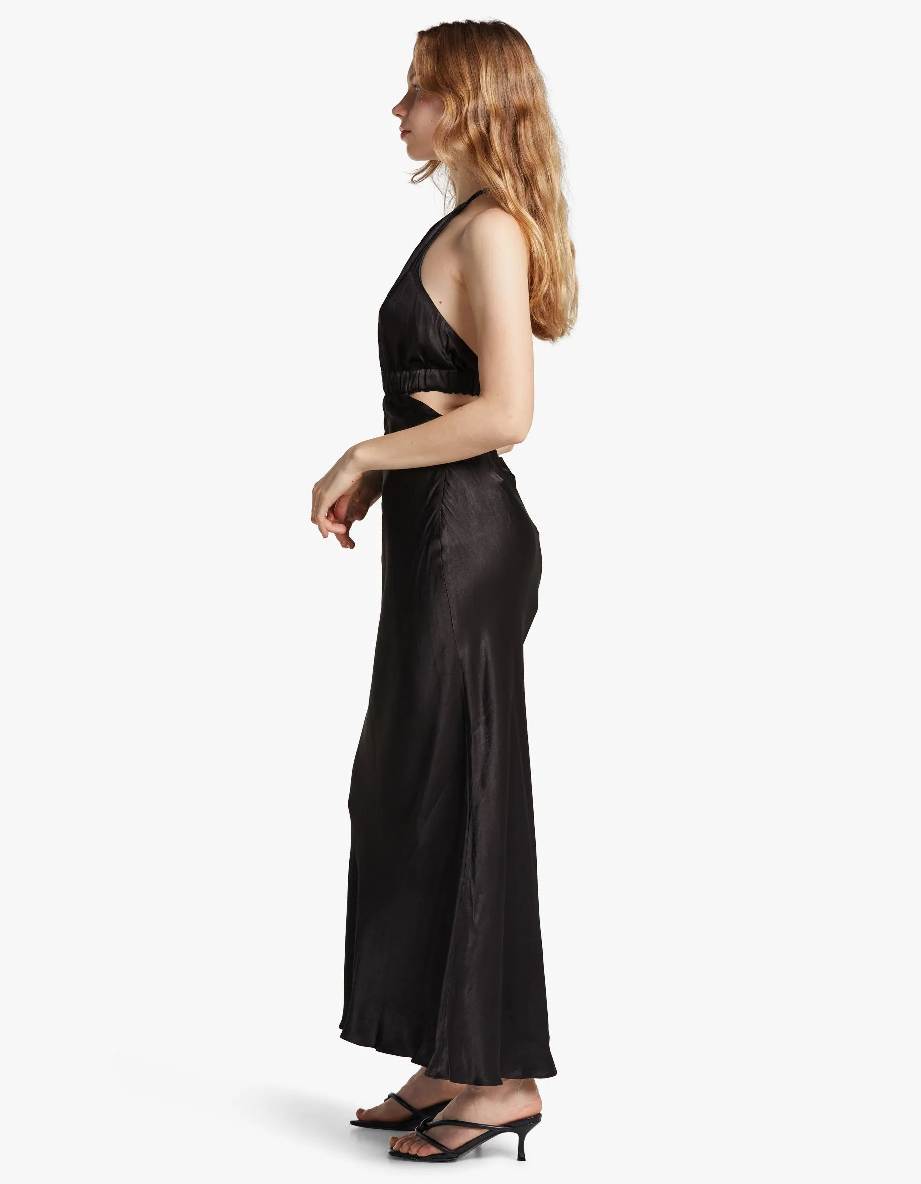 Angelica Ruched Open Back Halter Midi Dress - Black