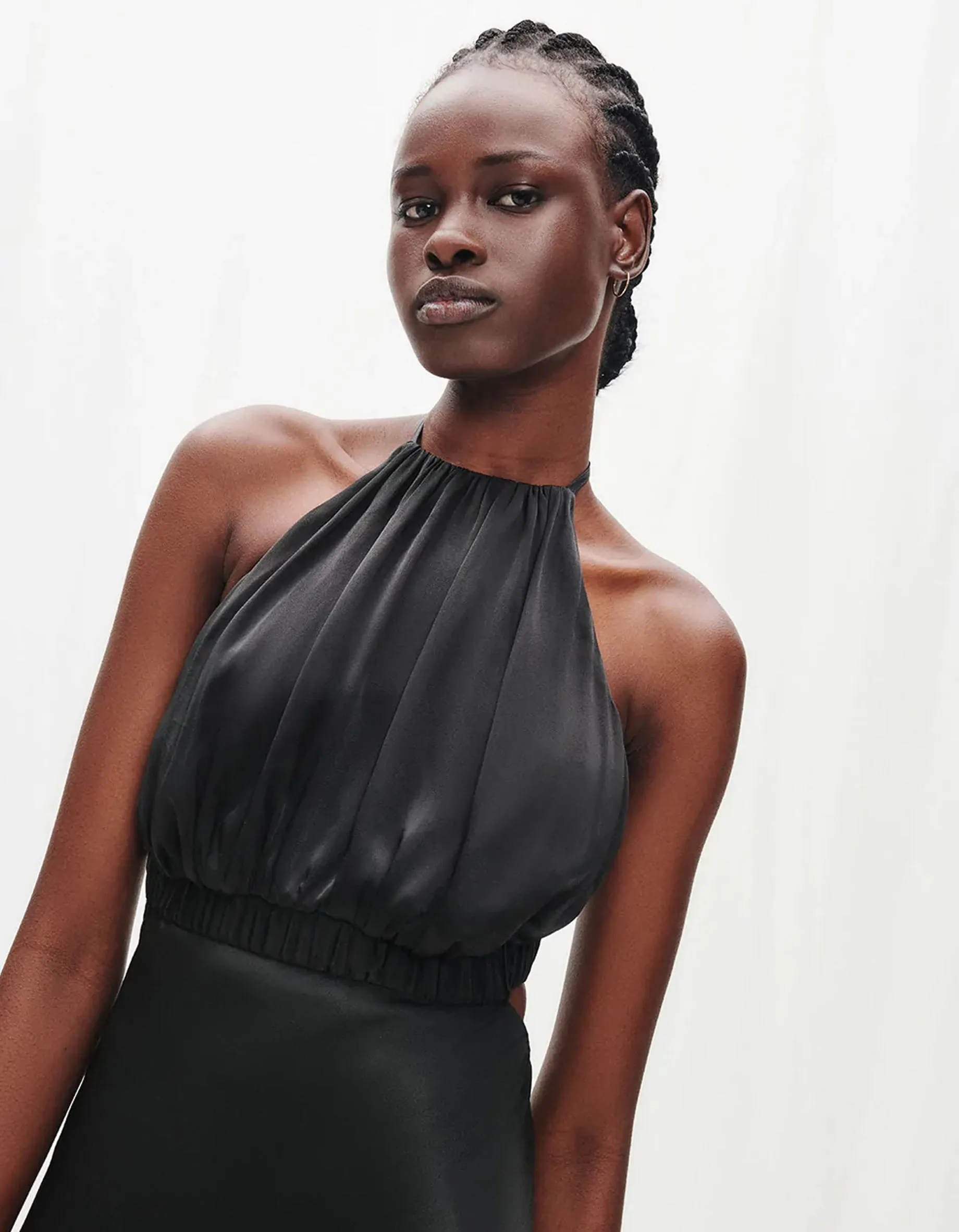 Angelica Ruched Open Back Halter Midi Dress - Black