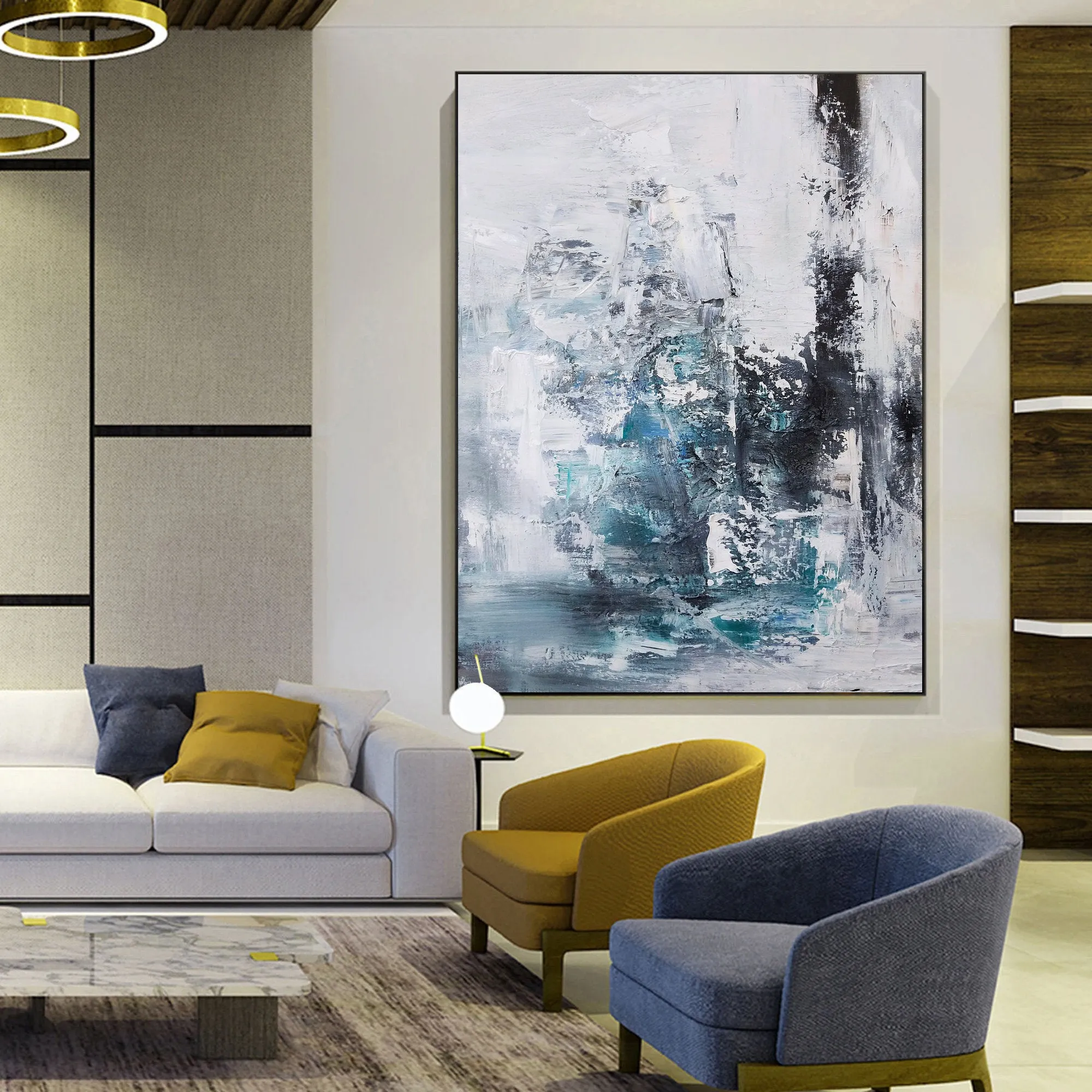 Blue And Gray Abstract Painting Teal Wall Art Office Wall Decor Op020