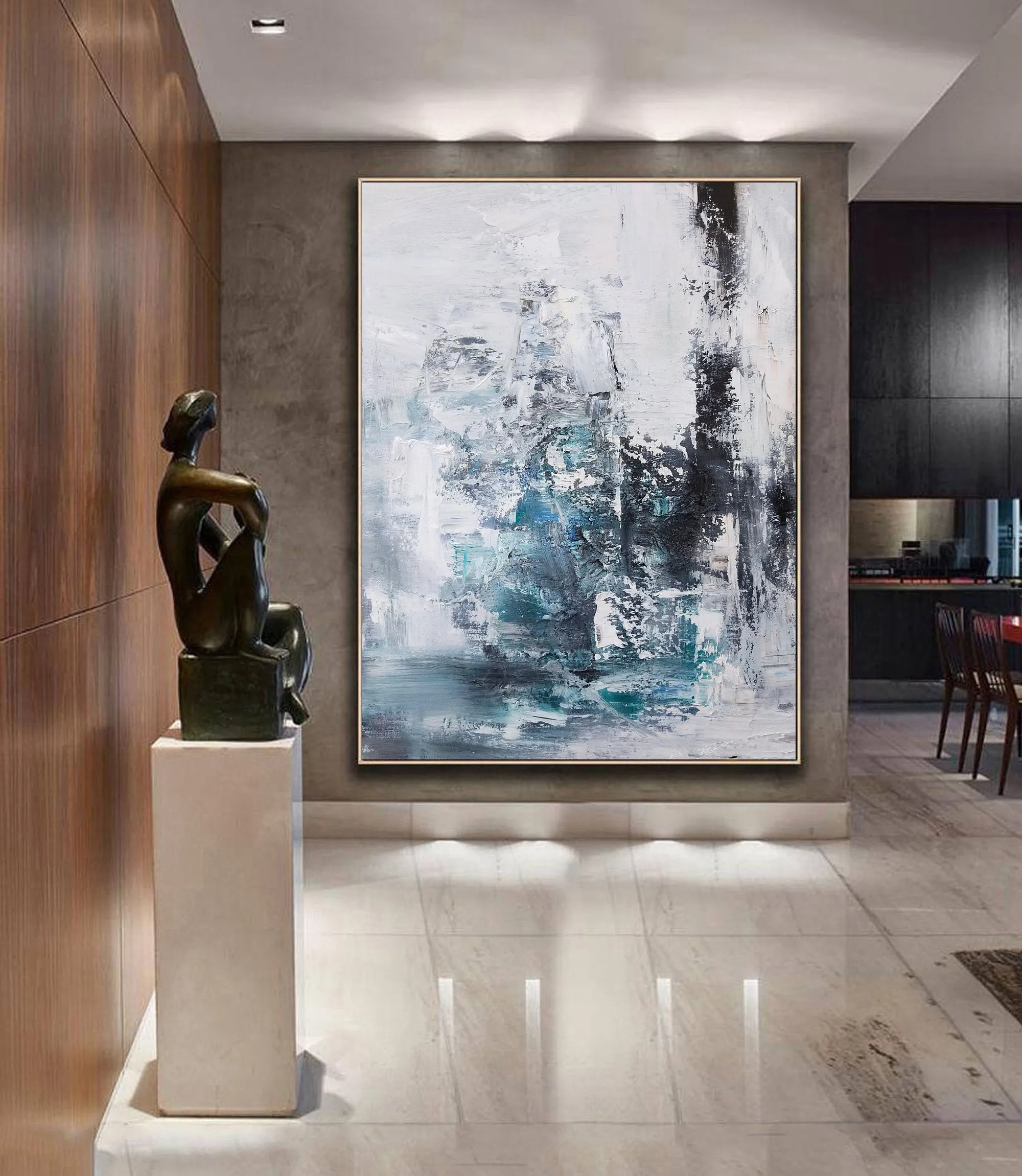 Blue And Gray Abstract Painting Teal Wall Art Office Wall Decor Op020