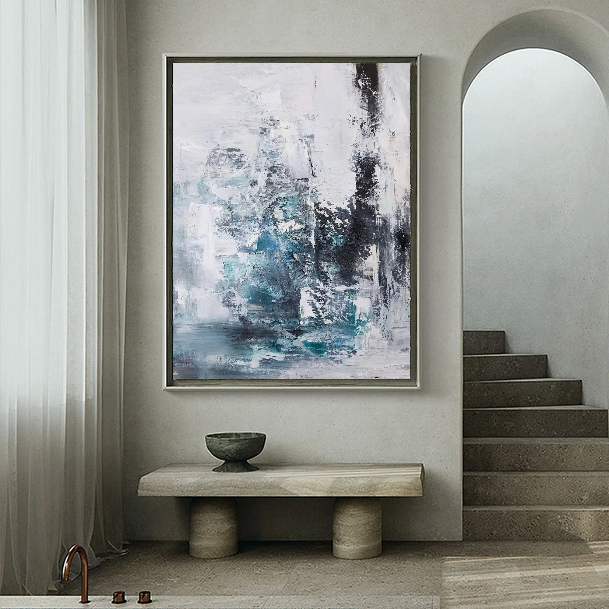 Blue And Gray Abstract Painting Teal Wall Art Office Wall Decor Op020
