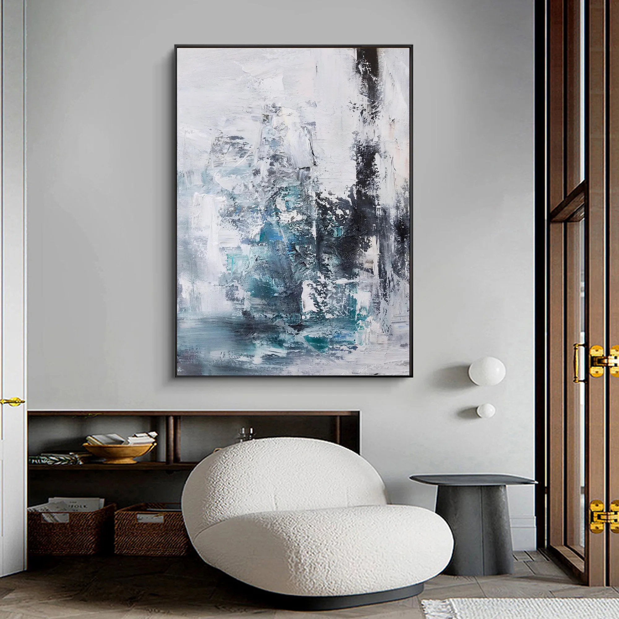 Blue And Gray Abstract Painting Teal Wall Art Office Wall Decor Op020