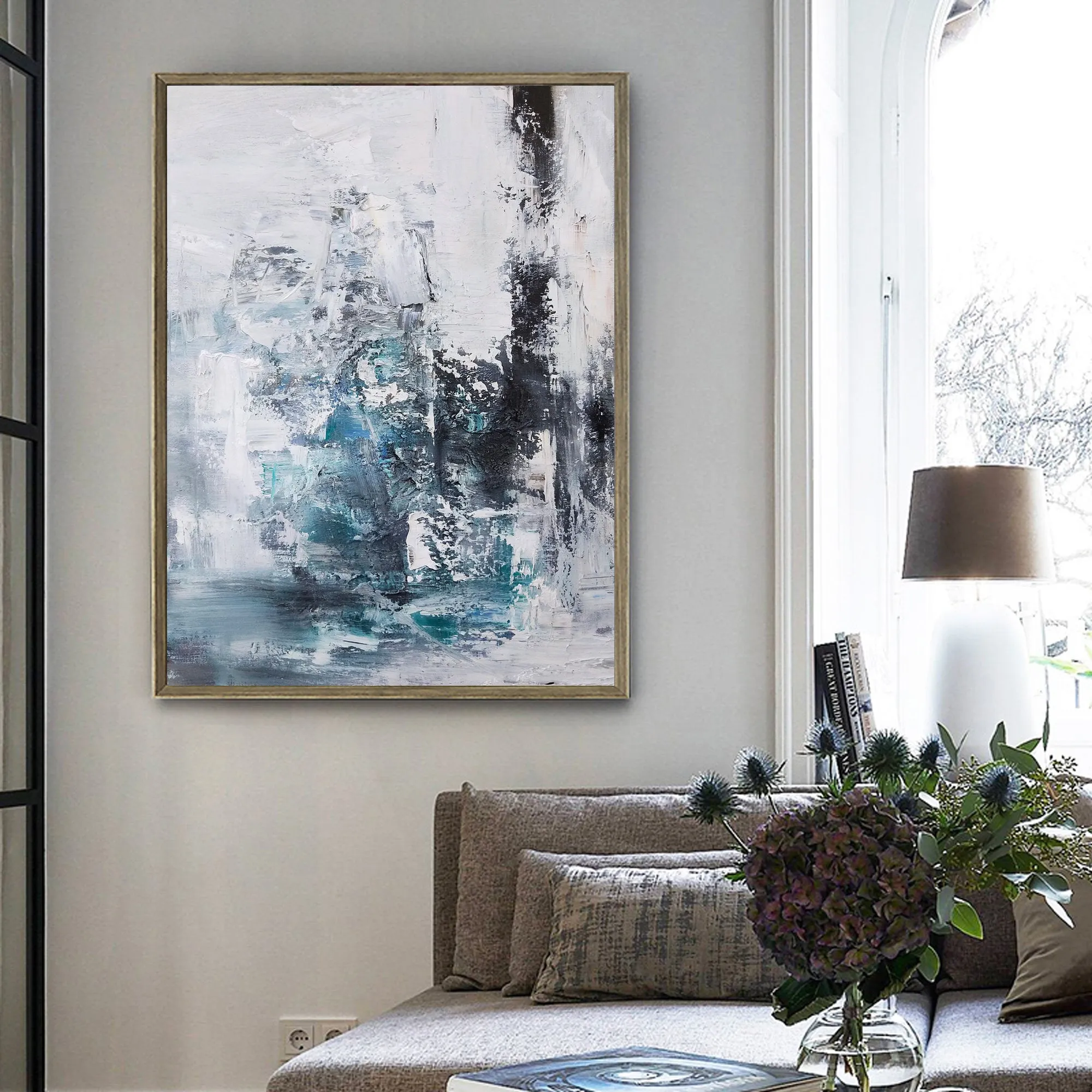 Blue And Gray Abstract Painting Teal Wall Art Office Wall Decor Op020