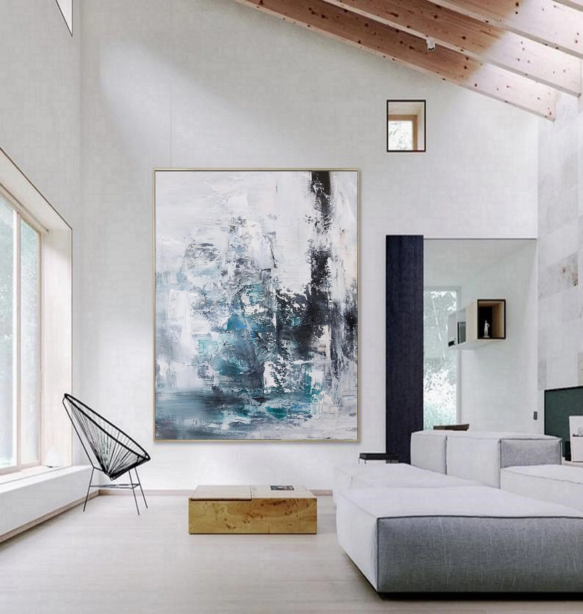 Blue And Gray Abstract Painting Teal Wall Art Office Wall Decor Op020