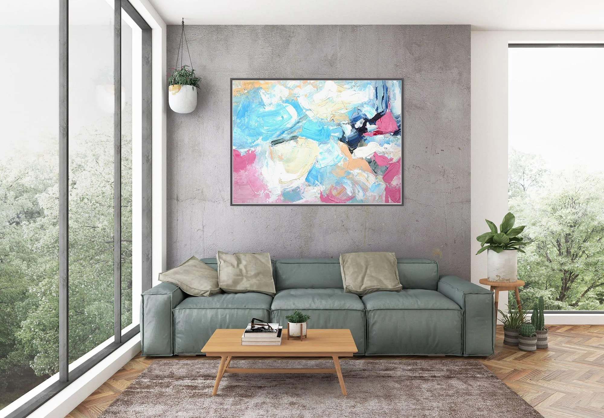 Blue Pink Yellow Contemporary Wall Art Oversize Abstract Painting Kp086