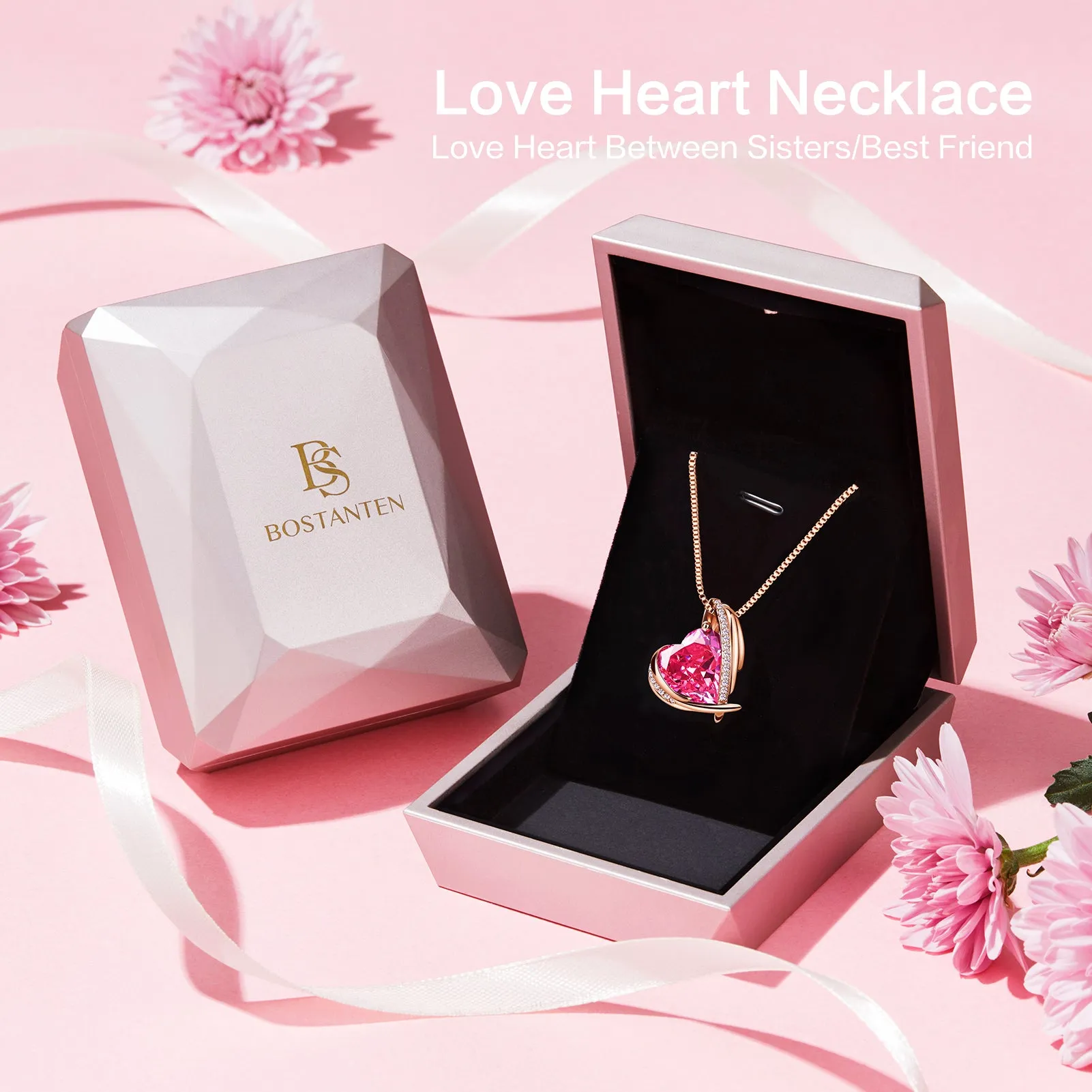 BOSTANTEN Rose Gold Plated Pendant Necklace with Birthstone Love Heart Crystal Jewelry Birthday Gifts for Women Mom Wife Girlfriend, 18" 2"