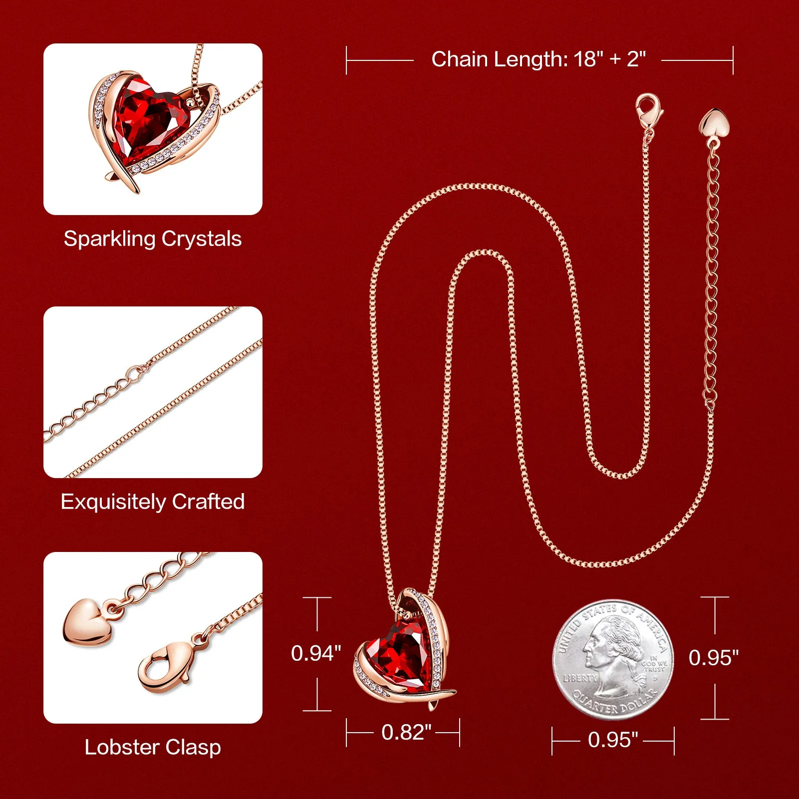 BOSTANTEN Rose Gold Plated Pendant Necklace with Birthstone Love Heart Crystal Jewelry Birthday Gifts for Women Mom Wife Girlfriend, 18" 2"