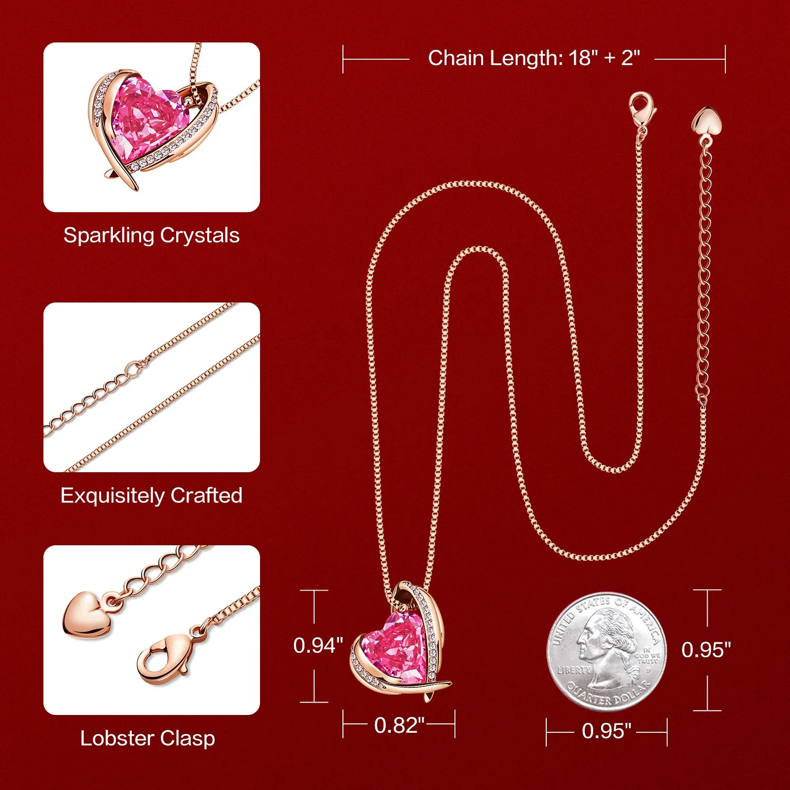 BOSTANTEN Rose Gold Plated Pendant Necklace with Birthstone Love Heart Crystal Jewelry Birthday Gifts for Women Mom Wife Girlfriend, 18" 2"