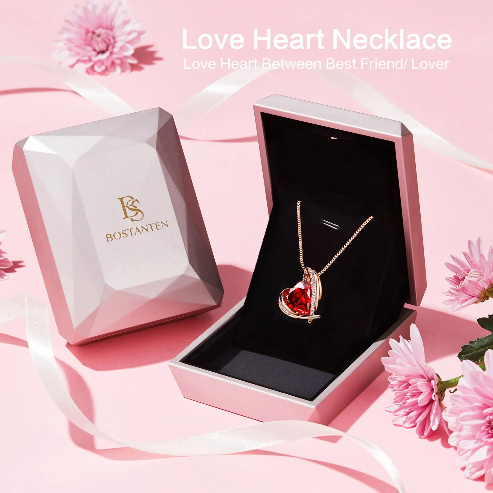 BOSTANTEN Rose Gold Plated Pendant Necklace with Birthstone Love Heart Crystal Jewelry Birthday Gifts for Women Mom Wife Girlfriend, 18" 2"