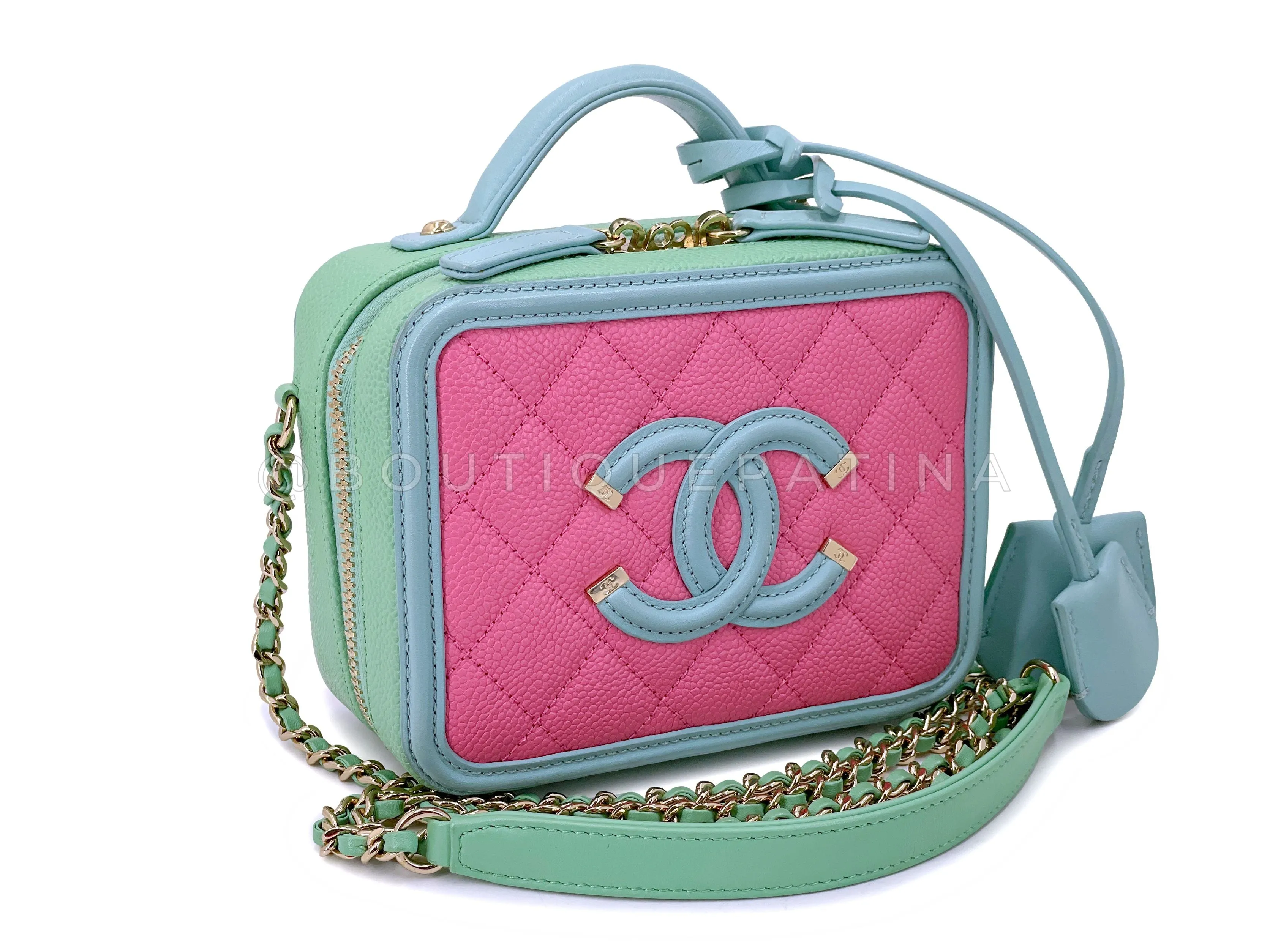 Chanel 2019 Pink/Green/Blue Caviar Filigree Vanity Case Bag