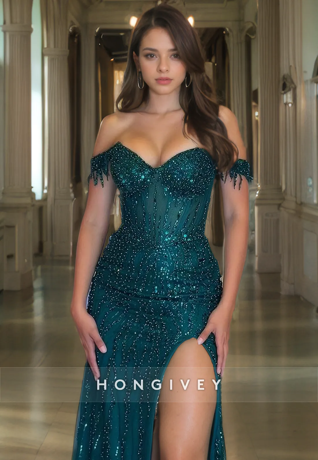 Chic Sweetheart Off-Shoulder Beaded Appliques Long Prom Dress