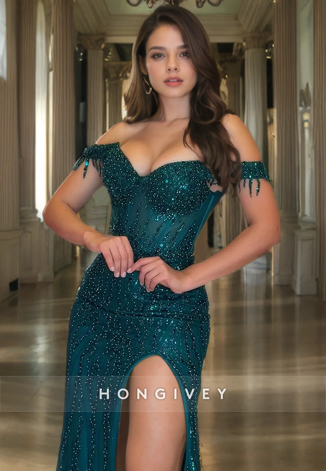 Chic Sweetheart Off-Shoulder Beaded Appliques Long Prom Dress
