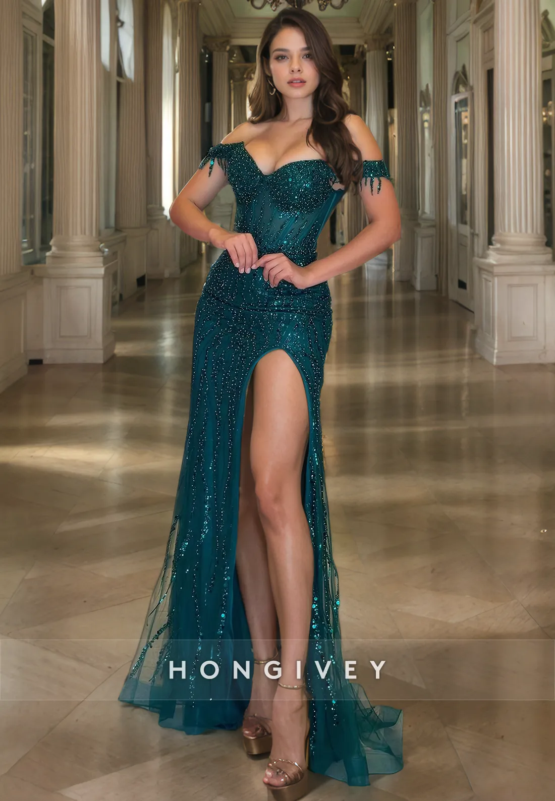 Chic Sweetheart Off-Shoulder Beaded Appliques Long Prom Dress