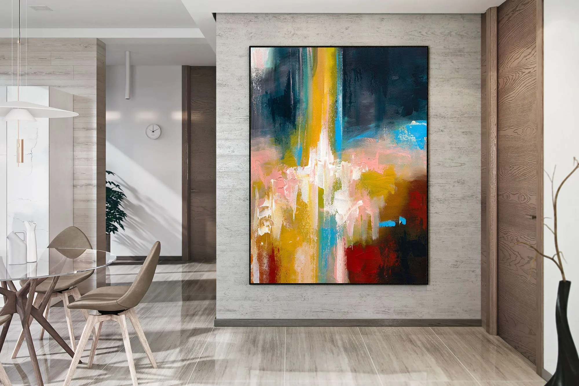 Deep Blue Yellow Pink Painting on Canvas Contemporary Abstract Art Kp081