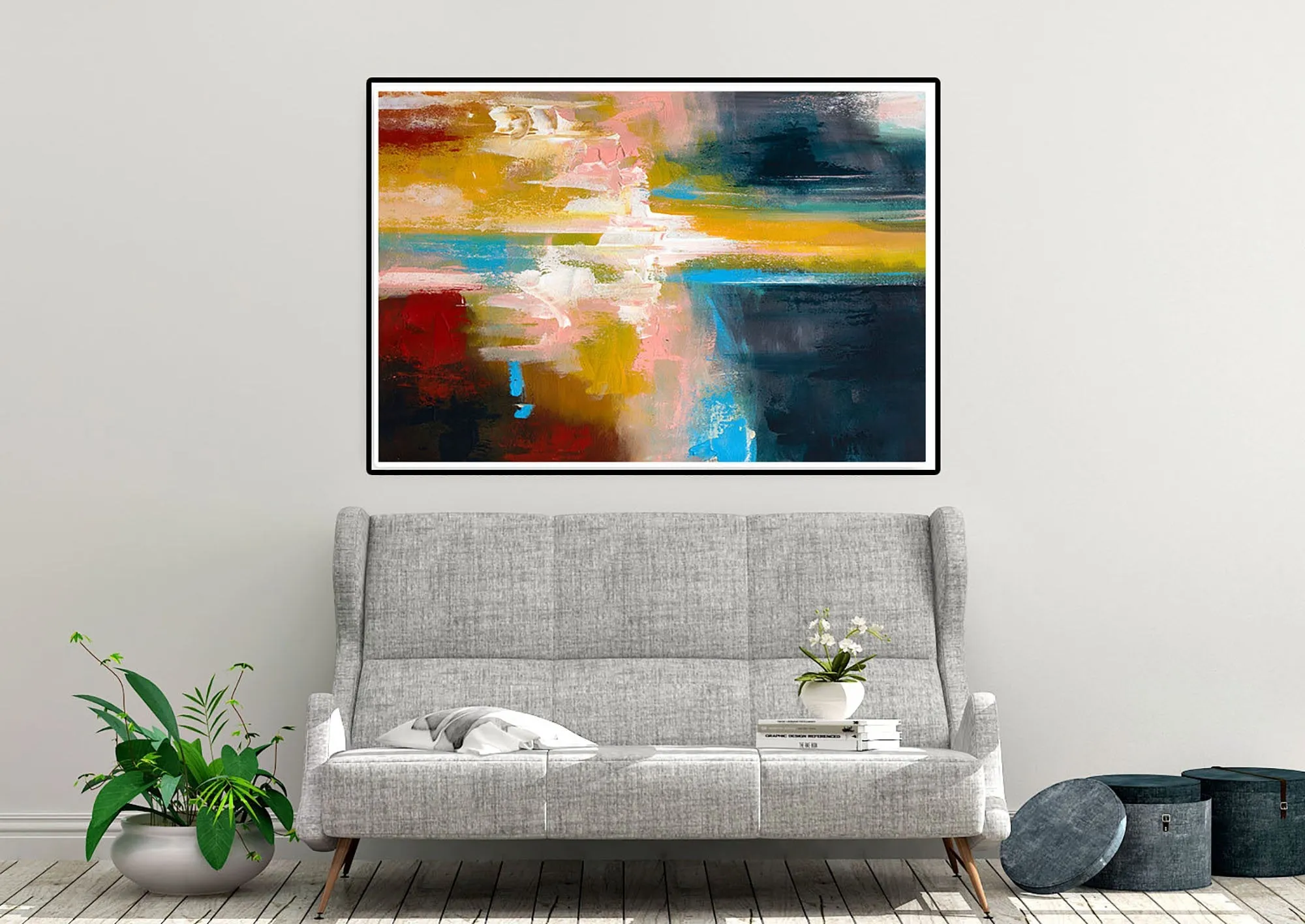 Deep Blue Yellow Pink Painting on Canvas Contemporary Abstract Art Kp081