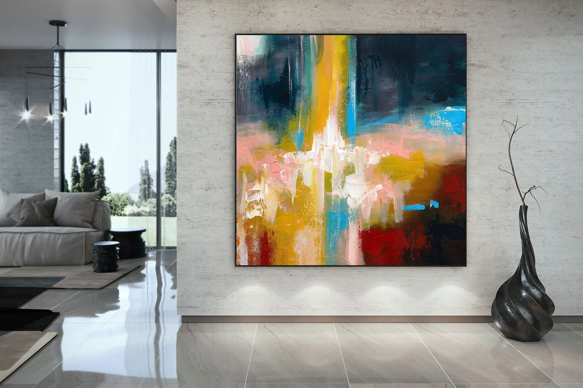 Deep Blue Yellow Pink Painting on Canvas Contemporary Abstract Art Kp081