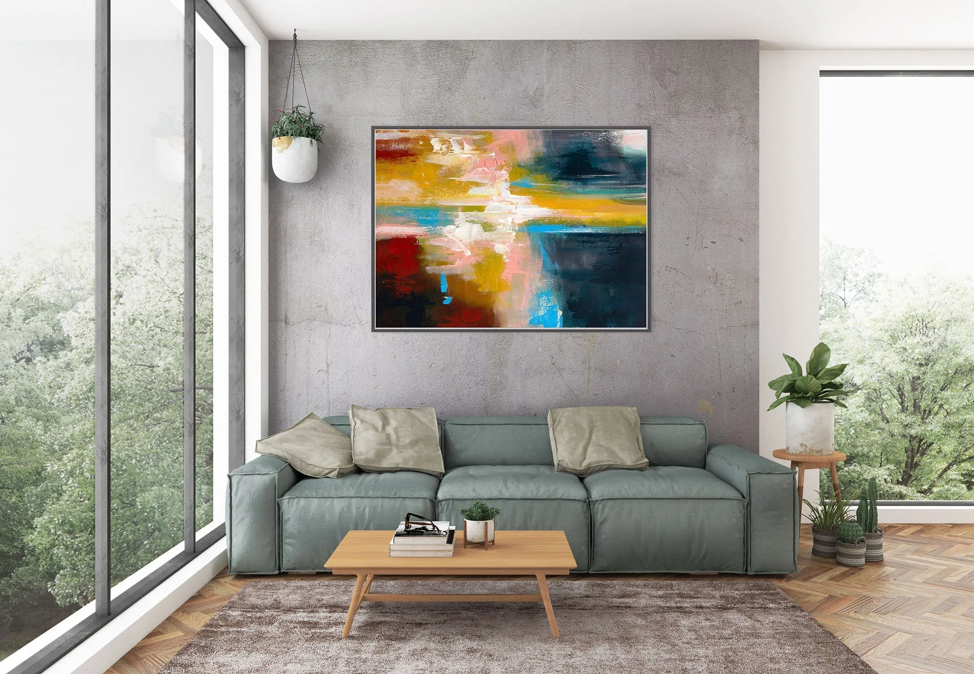 Deep Blue Yellow Pink Painting on Canvas Contemporary Abstract Art Kp081