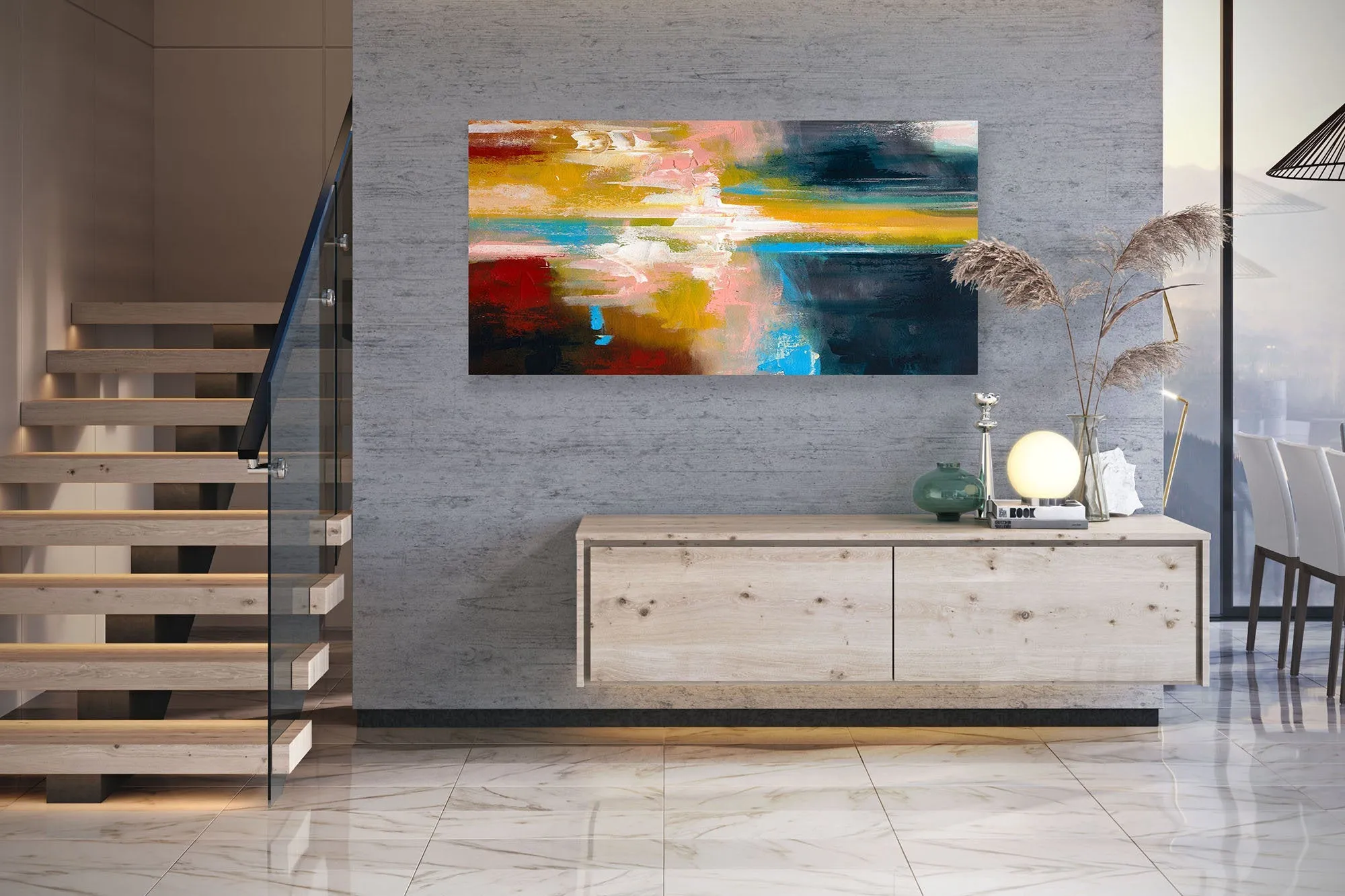 Deep Blue Yellow Pink Painting on Canvas Contemporary Abstract Art Kp081