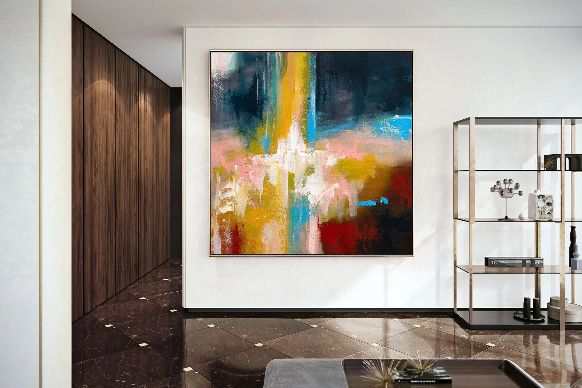 Deep Blue Yellow Pink Painting on Canvas Contemporary Abstract Art Kp081