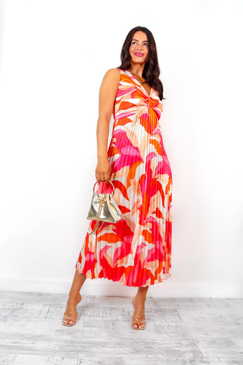 Do Knot Be Late - Cream Pink Floral Knot Front Satin Pleated Midi Dress