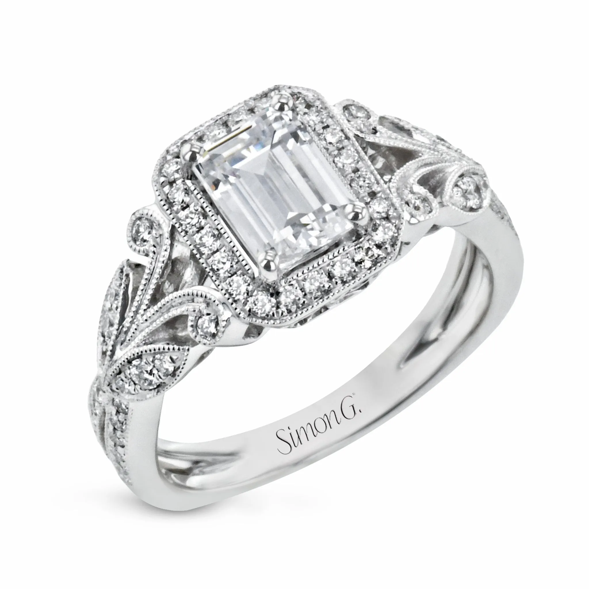 Emerald-Cut Halo Engagement Ring In 18k Gold With Diamonds
