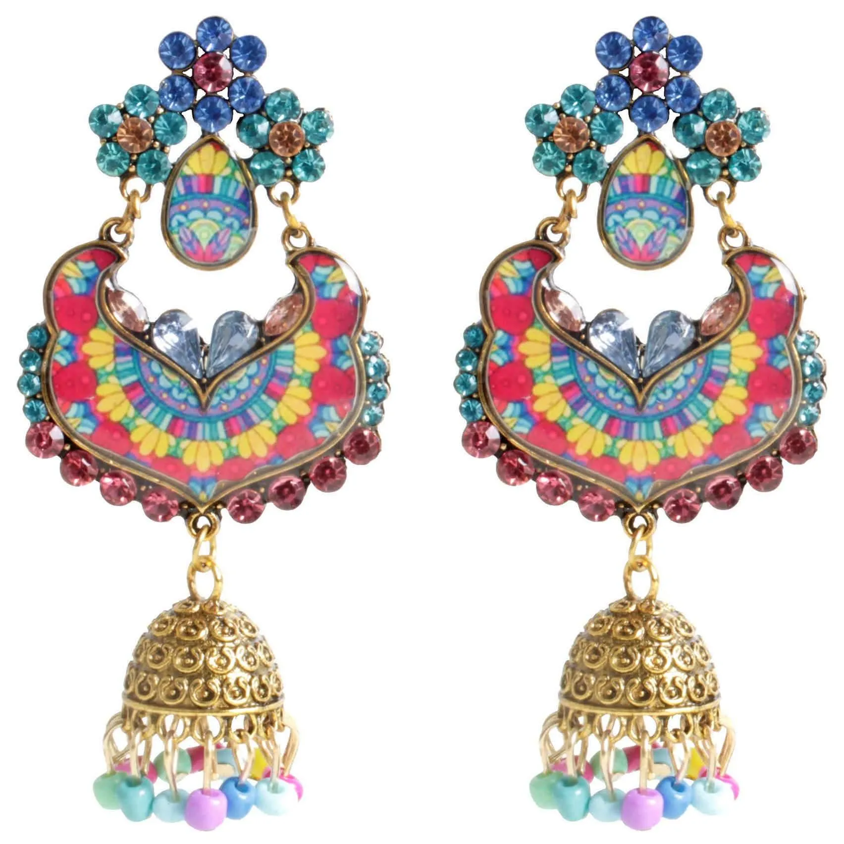 Enamel Work Rajputi Style Stone Studded Artificial Fashion Dangler Earrings Jhumka with Drops for Girls Women