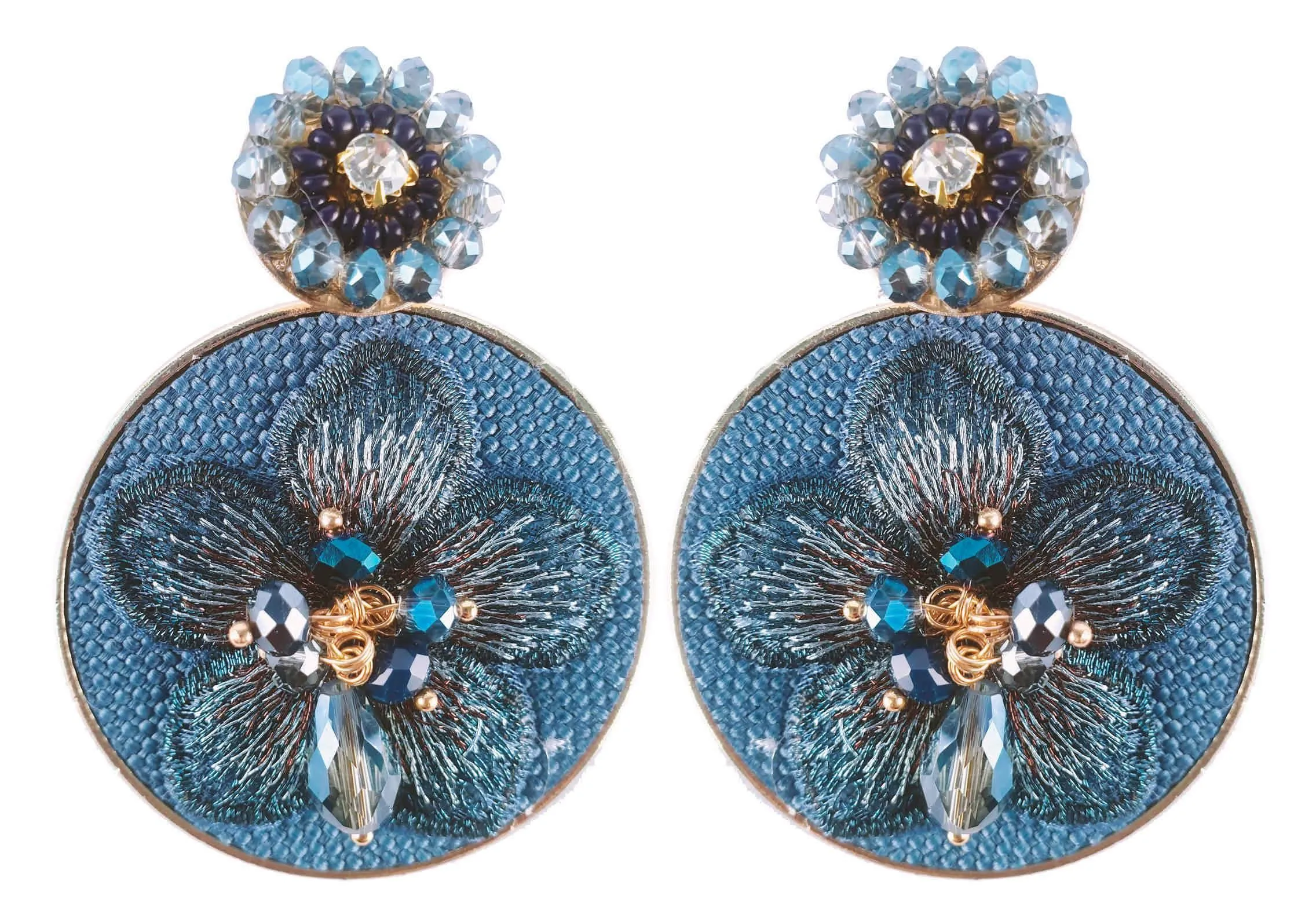Fabric Flower on Round Disc Design Artificial Fashion Dangler Earrings for Girls Women