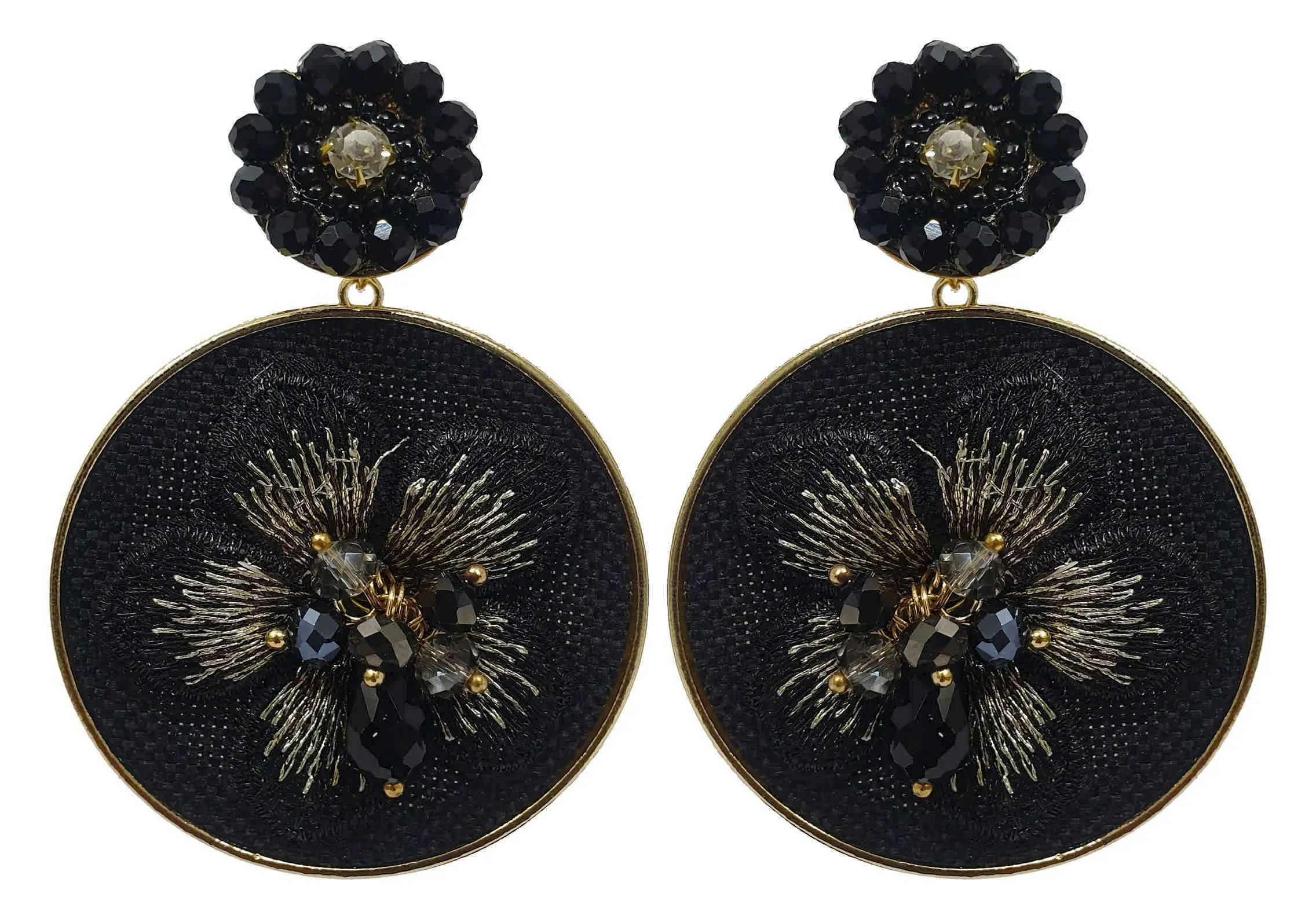 Fabric Flower on Round Disc Design Artificial Fashion Dangler Earrings for Girls Women