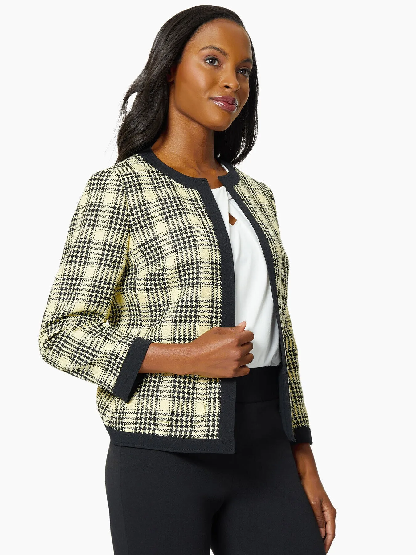 Framed Plaid Open Front Tweed Jacket