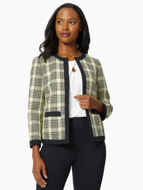 Framed Plaid Open Front Tweed Jacket