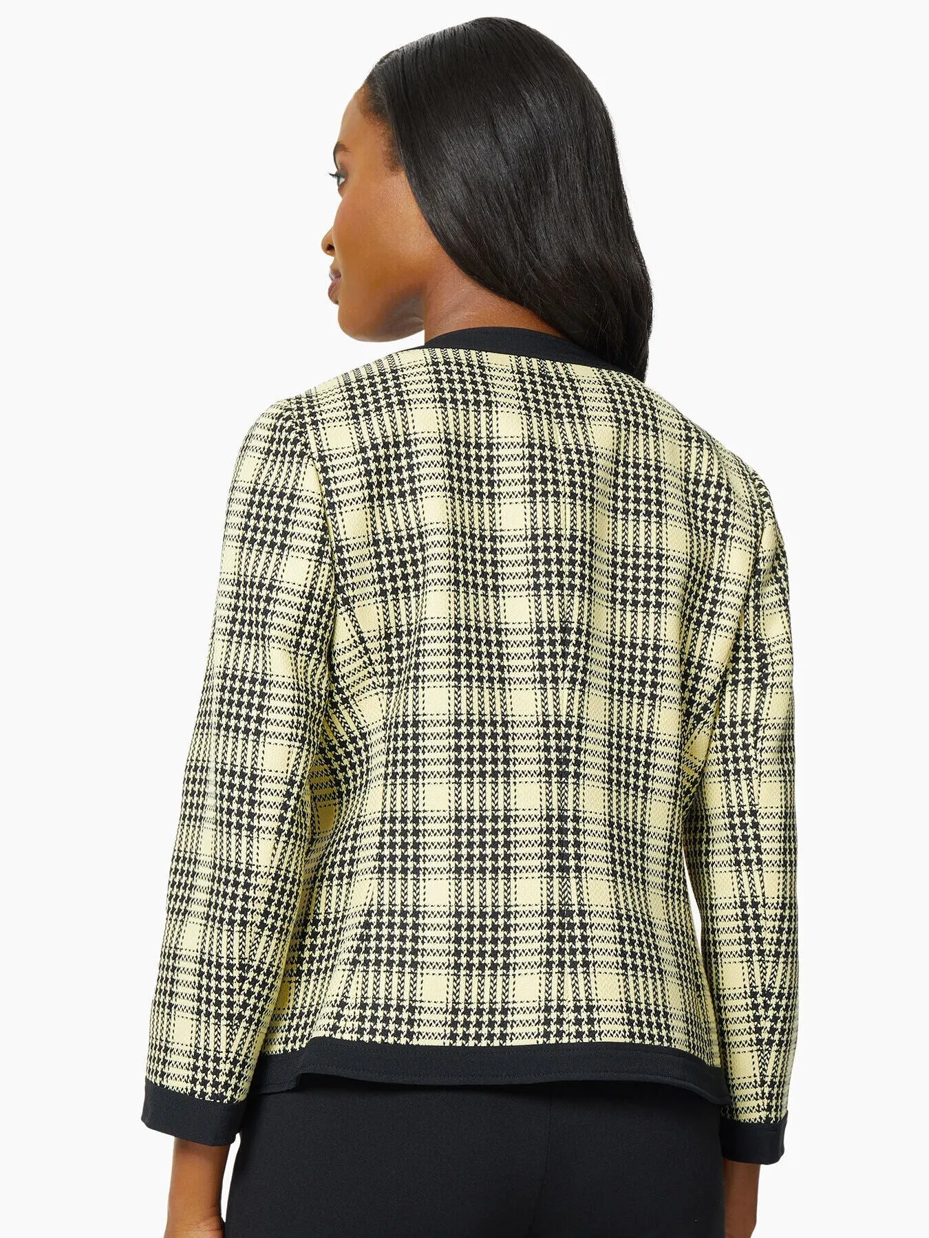Framed Plaid Open Front Tweed Jacket