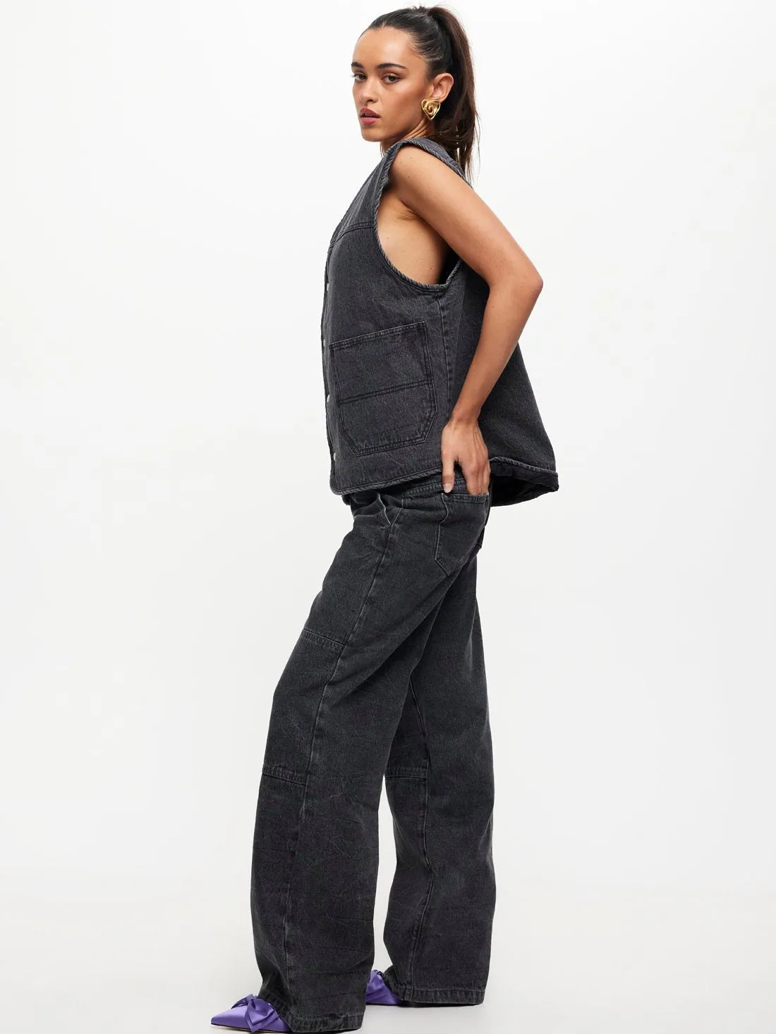 Freedom Oversized Denim Vest in Washed Charcoal Grey