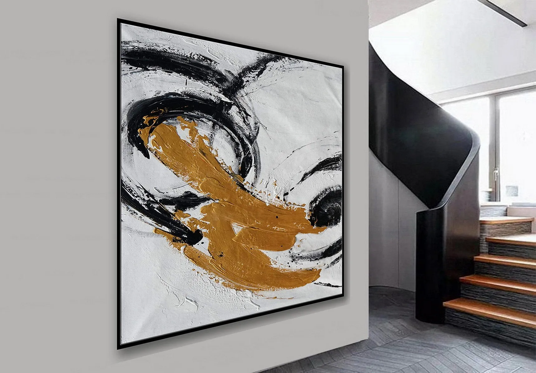 Gold Black White Minimal Abstract Acrylic Painting on Canvas Office Art Ap087