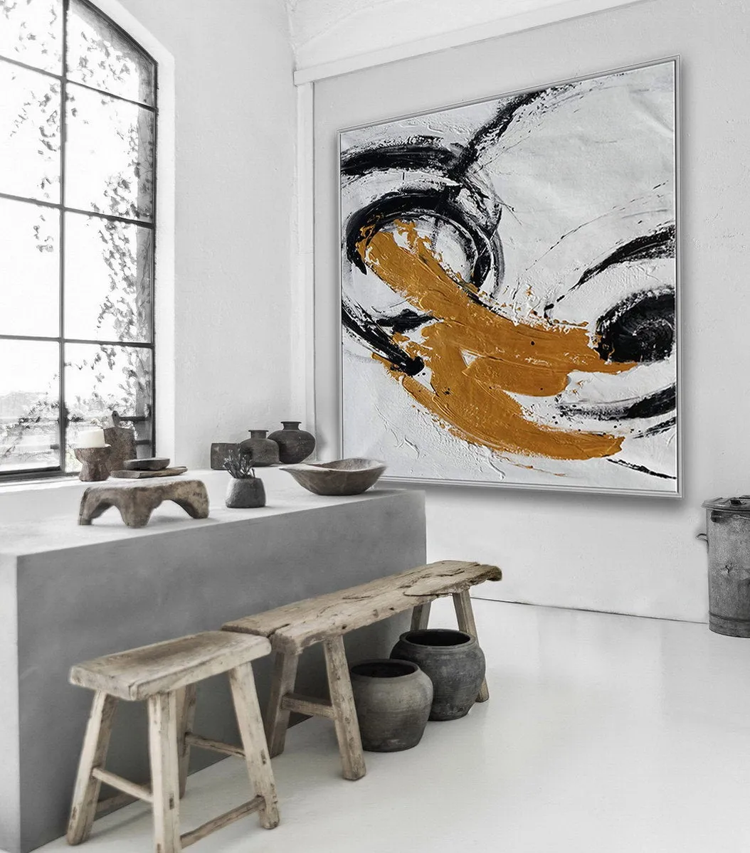 Gold Black White Minimal Abstract Acrylic Painting on Canvas Office Art Ap087