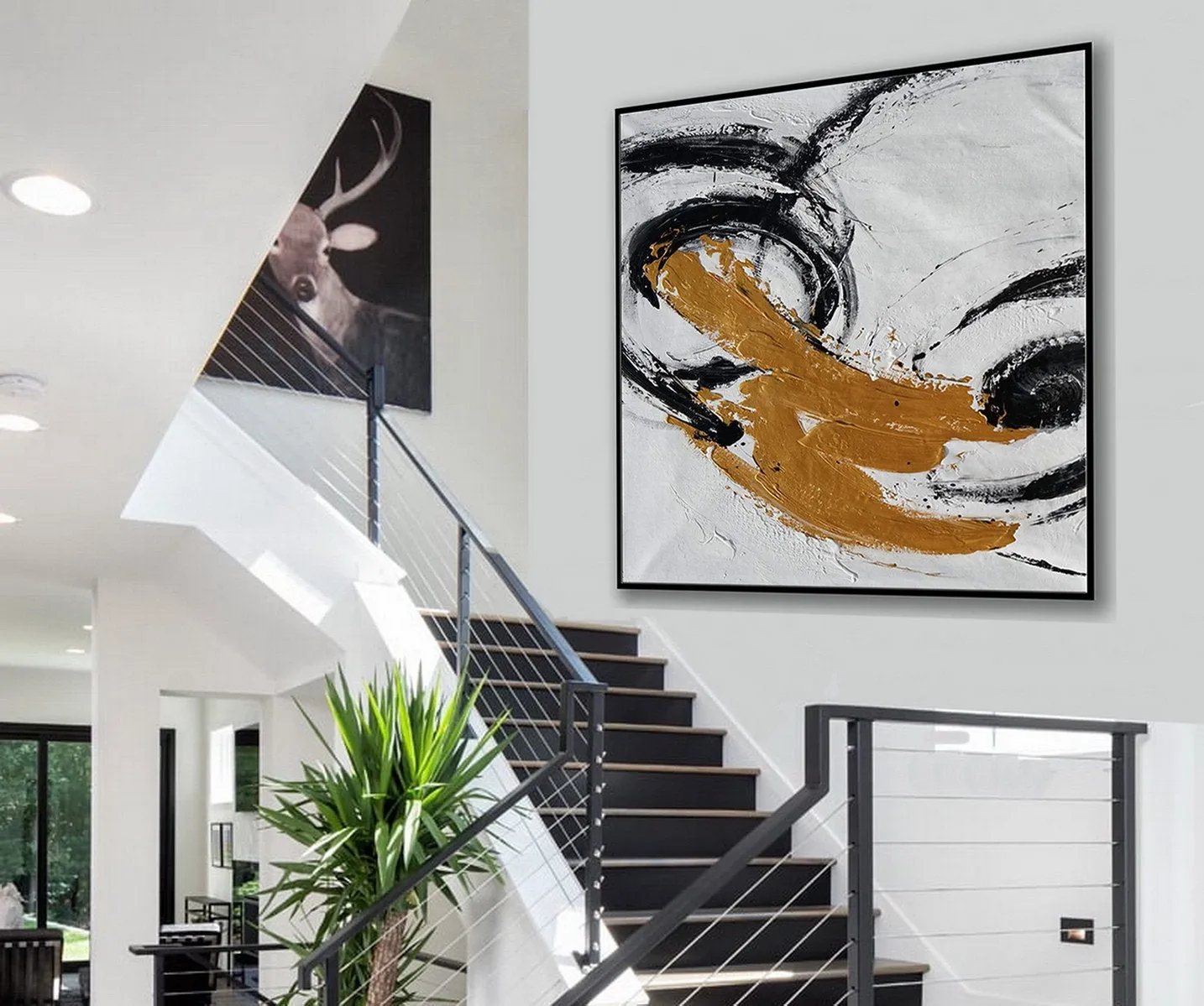 Gold Black White Minimal Abstract Acrylic Painting on Canvas Office Art Ap087