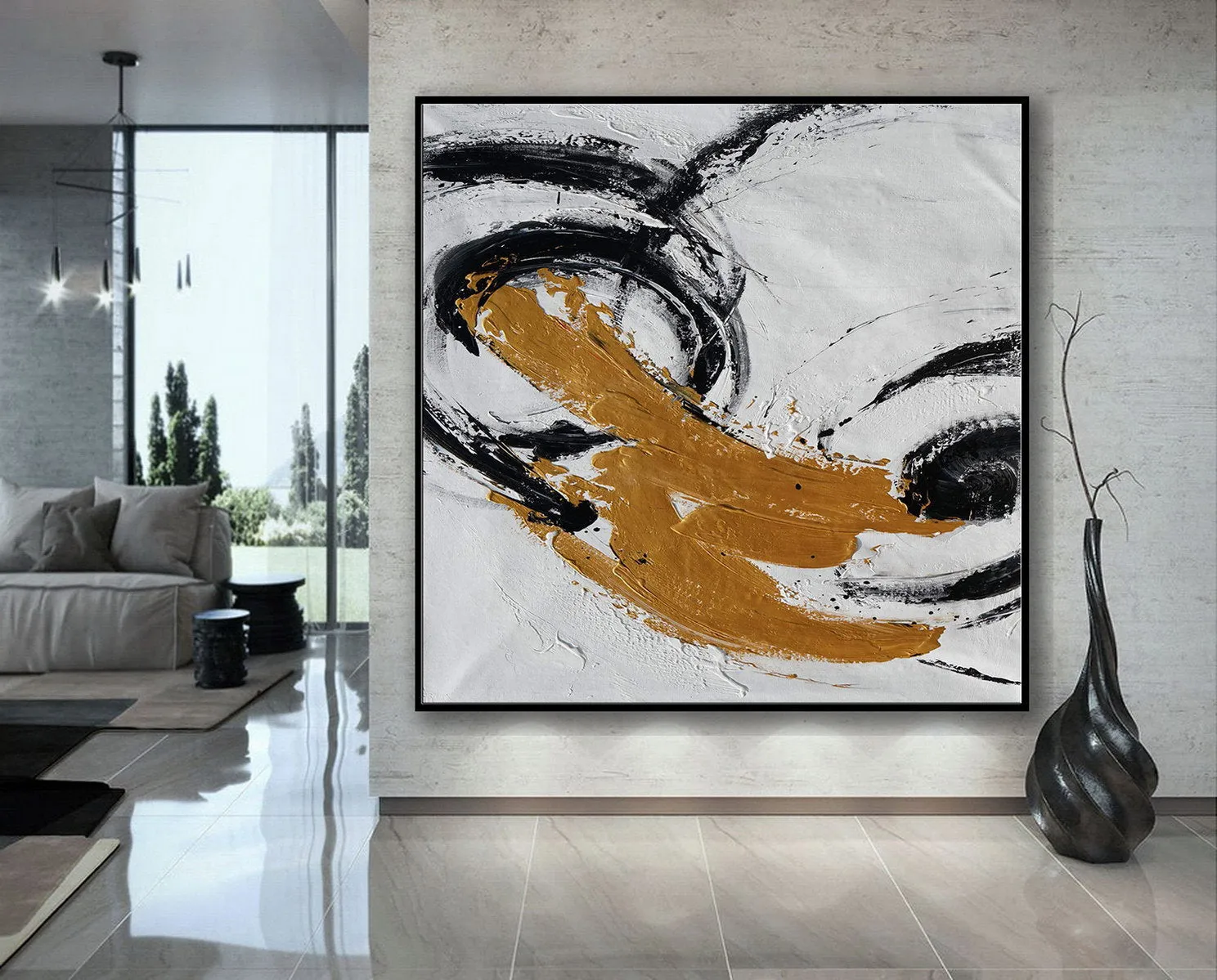 Gold Black White Minimal Abstract Acrylic Painting on Canvas Office Art Ap087