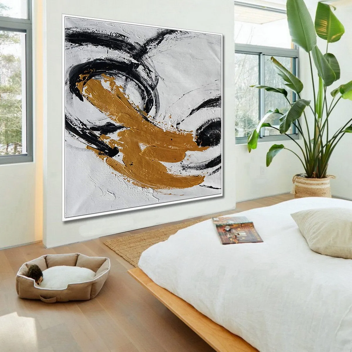 Gold Black White Minimal Abstract Acrylic Painting on Canvas Office Art Ap087