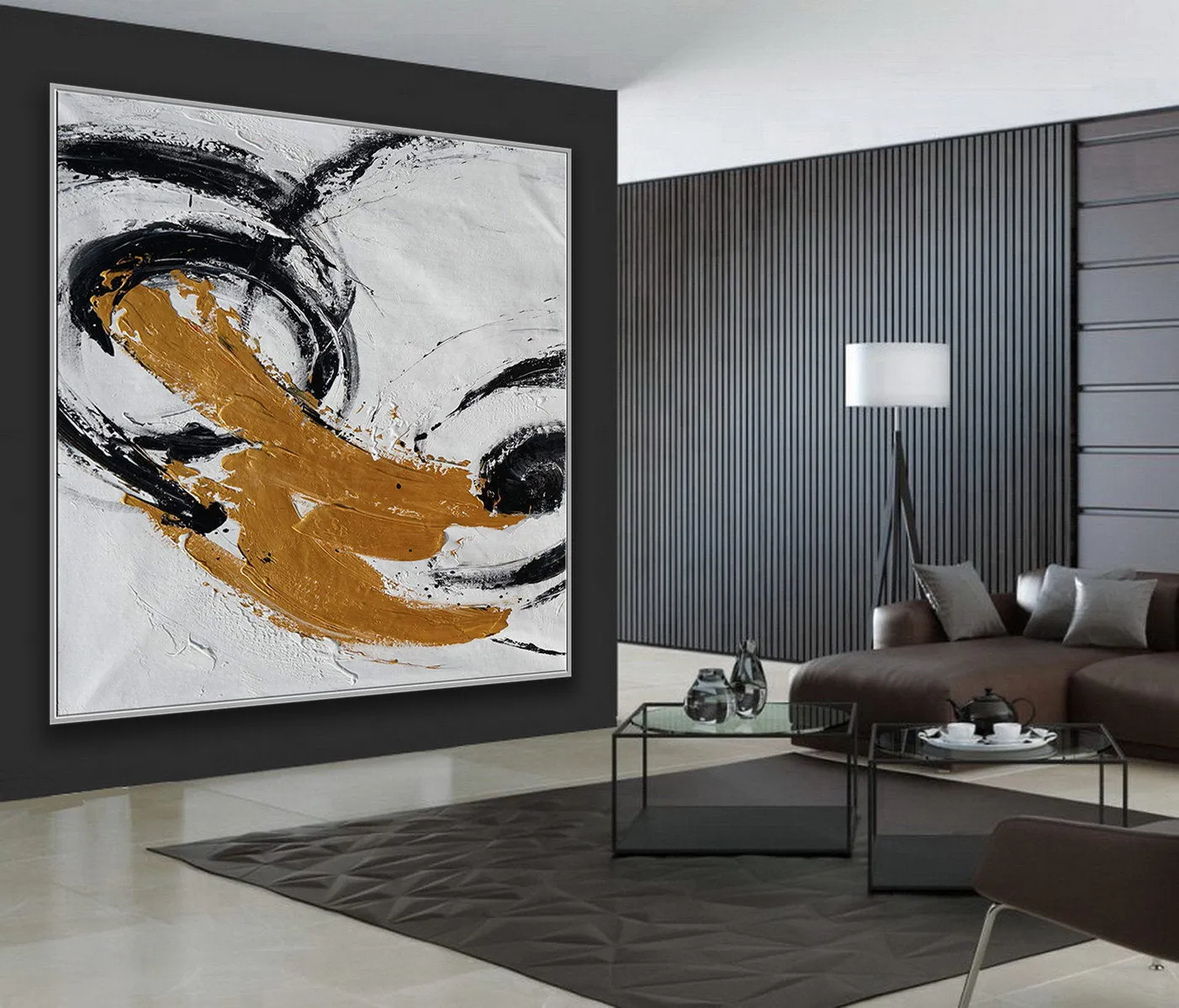 Gold Black White Minimal Abstract Acrylic Painting on Canvas Office Art Ap087