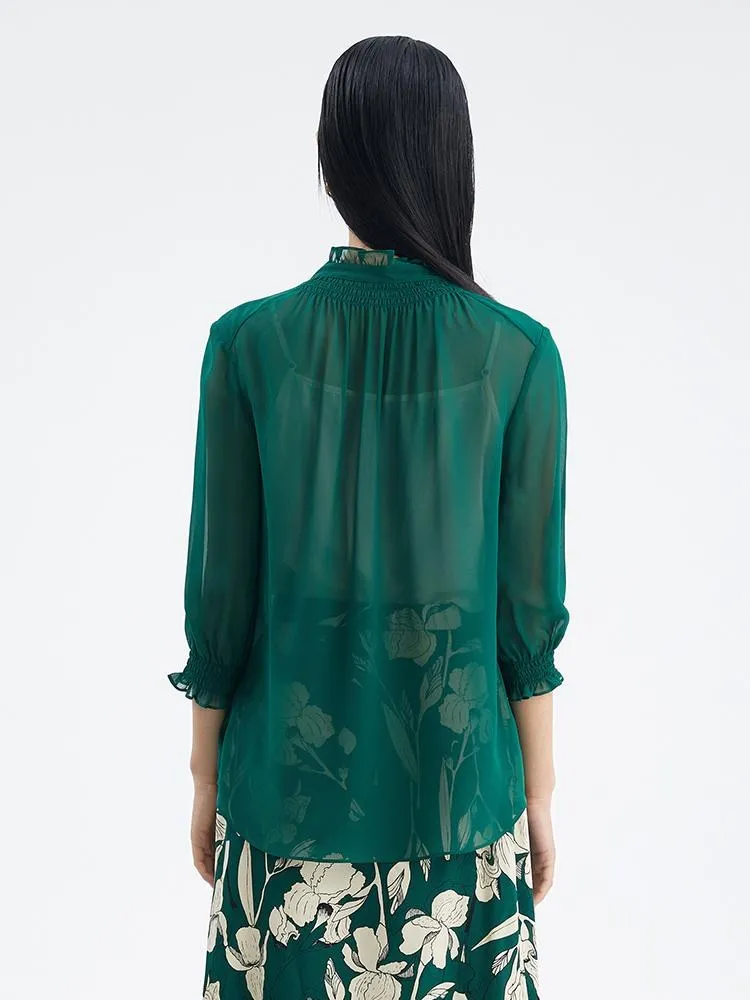 Green 10 Momme Silk Tied Women Blouse
