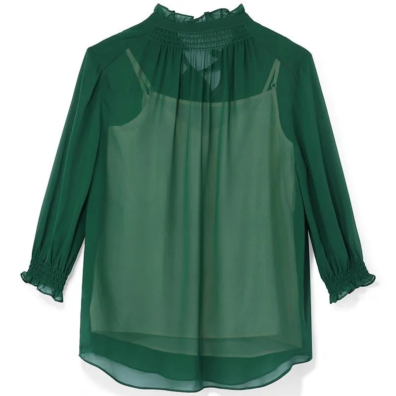 Green 10 Momme Silk Tied Women Blouse
